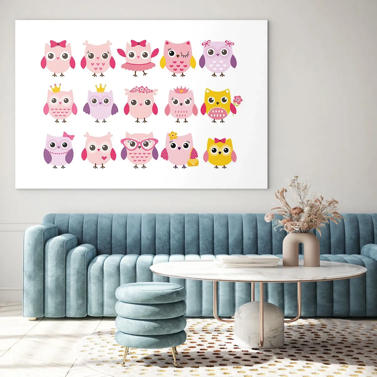 Impression sur verre - Image sur verre - Hiboux colorés aux motifs variés sur fond blanc - 100x70cm - L'un est plus doux que l'autre - Décoration murale moderne pour le salon et la chambre ARTTOR