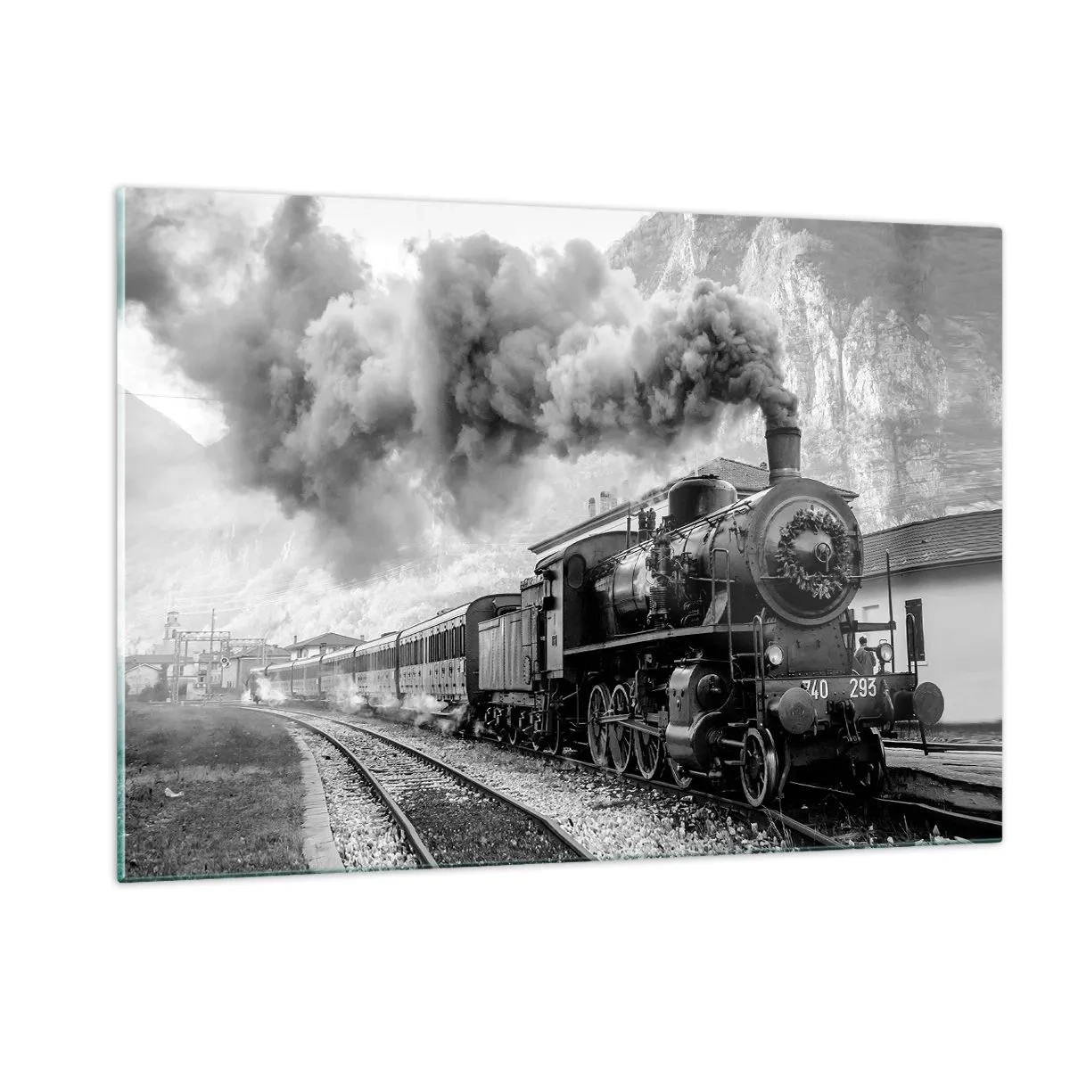 Impression sur verre - Image sur verre - Un vieux train à vapeur dans un paysage de montagne - 120x80cm - Attend à la gare... - Décoration murale moderne pour le salon et la chambre ARTTOR