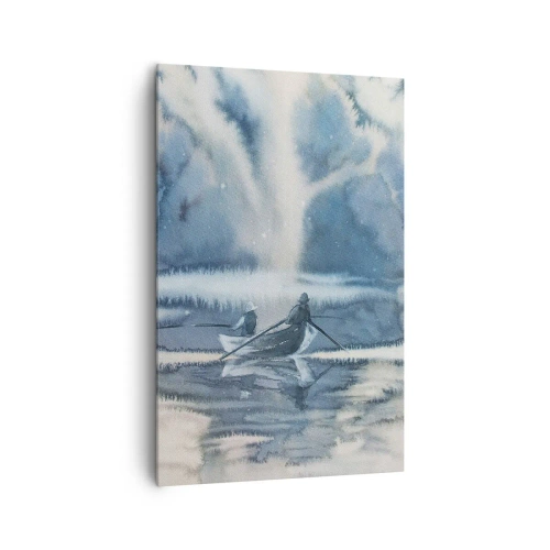 Impression sur toile - Image sur toile - Paysage à l'aquarelle avec des bateaux sur un lac entouré d'une forêt brumeuse - 80x120cm - Les pêcheurs dans leur paradis - Décoration murale moderne pour le salon et la chambre ARTTOR