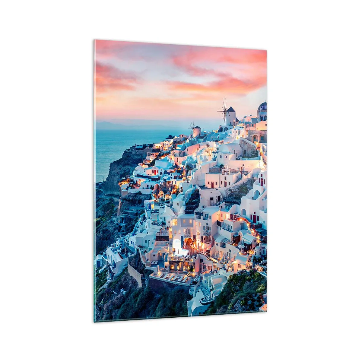 Impression sur verre - Image sur verre - Santorin au coucher du soleil avec des bâtiments blancs sur la colline - 70x100cm - Vos grandes vacances en Grèce - Décoration murale moderne pour le salon et la chambre ARTTOR