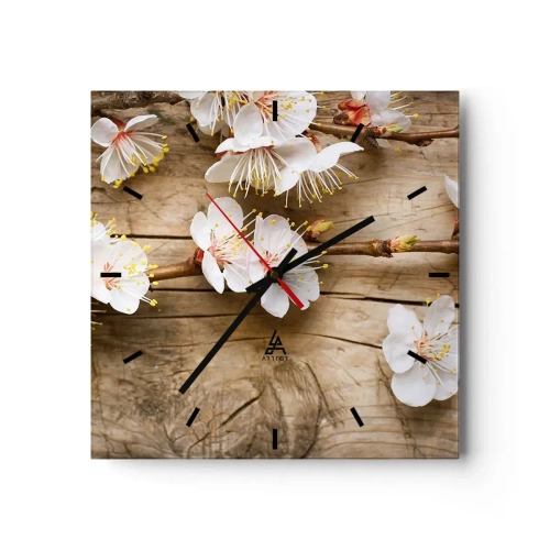 Horloge murale - Pendule murale - Branches de cerisiers en fleurs sur fond de planche de bois - 30x30cm - Et c'est devenu le printemps - Décoration murale moderne pour le salon et la chambre ARTTOR