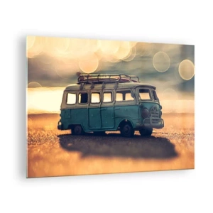 Impression sur verre - Image sur verre - Bus jouet vintage sur la plage au coucher du soleil - 70x50cm - La fin des idoles : argent et travail - Décoration murale moderne pour le salon et la chambre ARTTOR