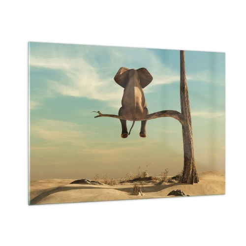 Impression sur verre - Image sur verre - Un éléphant sur une branche d'arbre dans un décor surréaliste - 100x70cm - Nouveau point de vue - Décoration murale moderne pour le salon et la chambre ARTTOR