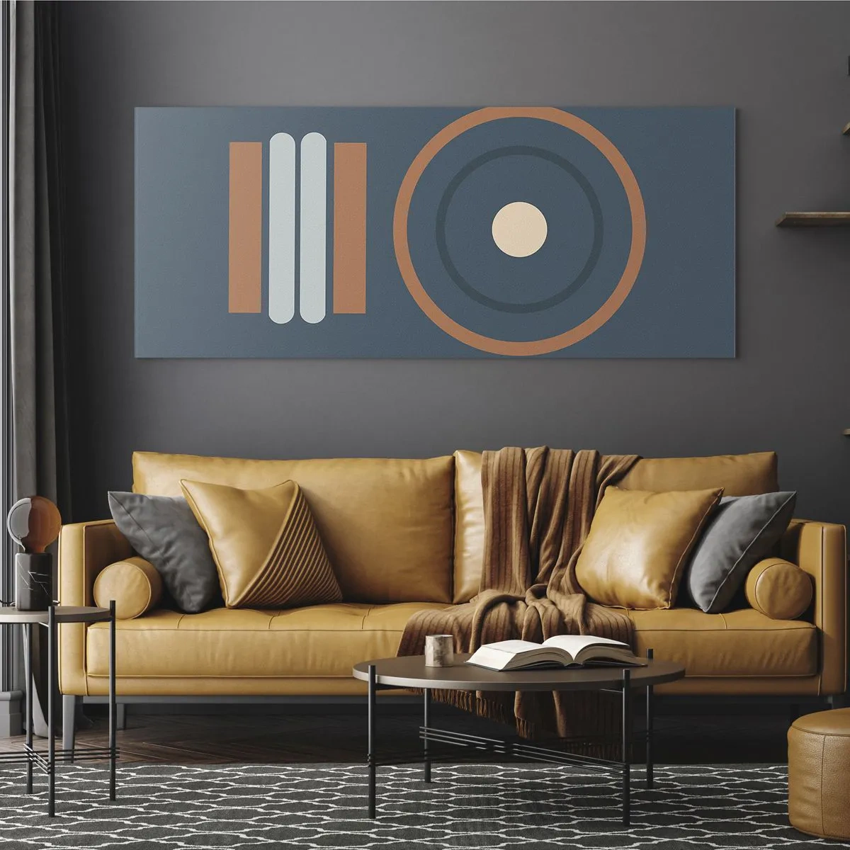 Impression sur verre - Image sur verre - Une composition géométrique avec des cercles et des rectangles aux couleurs sobres. - 120x50cm - Essence des choses - Décoration murale moderne pour le salon et la chambre ARTTOR