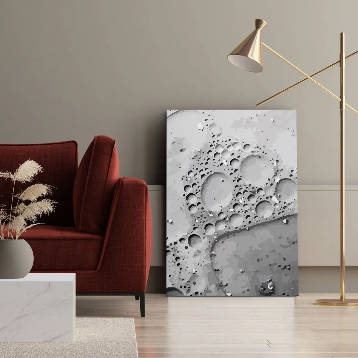 Impression sur toile - Image sur toile - Motif à bulles noir et blanc dans un style minimaliste - 50x70cm - Sentier de mousse - Décoration murale moderne pour le salon et la chambre ARTTOR