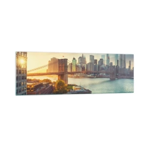 Impression sur verre - Image sur verre - Panorama de la ville avec le pont au coucher du soleil - 160x50cm - L'aube de la grande ville - Décoration murale moderne pour le salon et la chambre ARTTOR