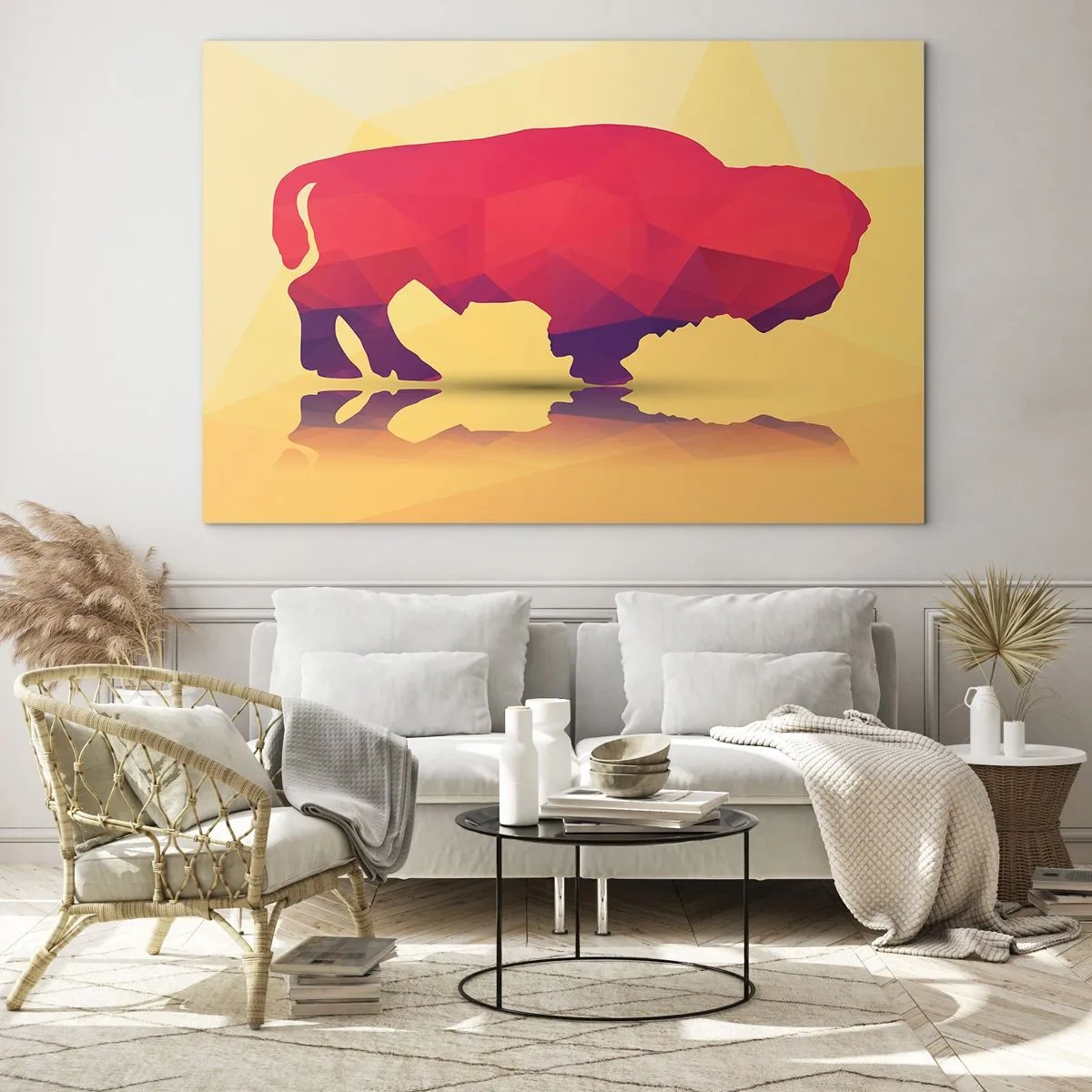 Impression sur verre - Image sur verre - Bison géométrique aux couleurs chaudes - 120x80cm - La force amarante du bison - Décoration murale moderne pour le salon et la chambre ARTTOR