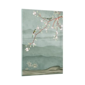 Impression sur verre - Image sur verre - Une image pittoresque d'une branche d'arbre en fleurs avec des oiseaux sur fond de collines verdoyantes. - 80x120cm - Printemps oh c'est toi - Décoration murale moderne pour le salon et la chambre ARTTOR