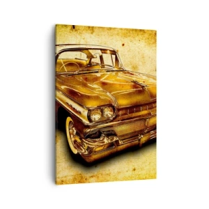 Impression sur toile - Image sur toile - Une voiture rétro classique dorée sur un fond vintage avec un effet vieilli. - 50x70cm - La beauté éternelle des classiques - Décoration murale moderne pour le salon et la chambre ARTTOR