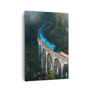 Impression sur toile - Image sur toile - Un train bleu sur un viaduc historique au milieu des forêts - 70x100cm - Train nature - Décoration murale moderne pour le salon et la chambre ARTTOR