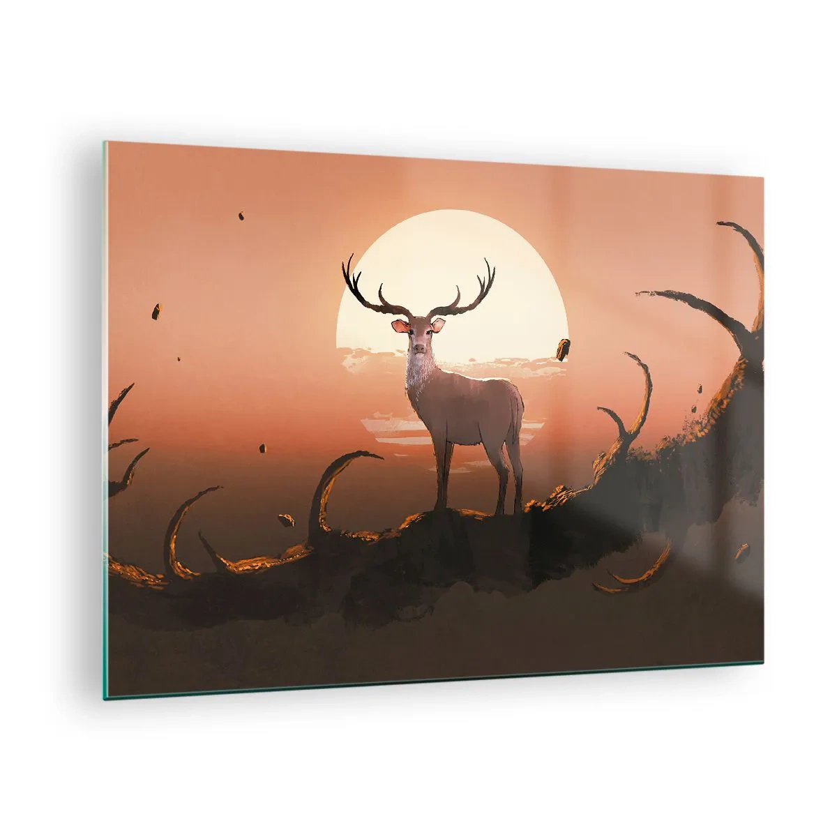 Impression sur verre - Image sur verre - Silhouette d'un cerf sur fond de grande lune entourée de branches - 70x50cm - Cette nuit ne ressemble à aucune autre - Décoration murale moderne pour le salon et la chambre ARTTOR