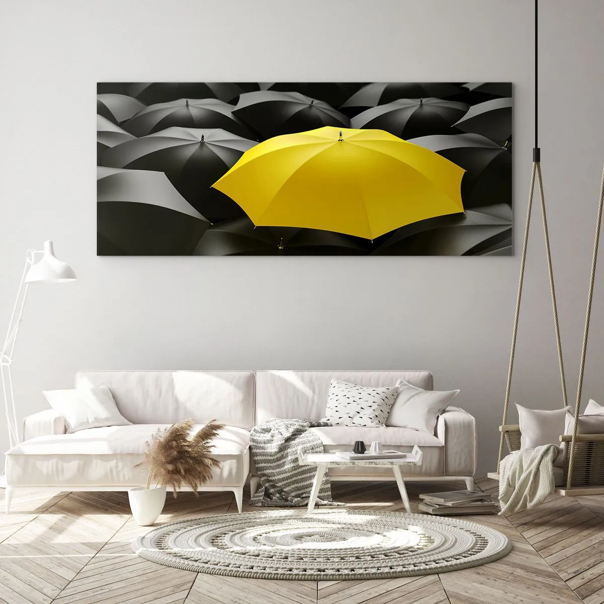 Impression sur verre - Image sur verre - Un parapluie jaune parmi des parapluies noirs - 160x50cm - Adieu chagrin - Décoration murale moderne pour le salon et la chambre ARTTOR