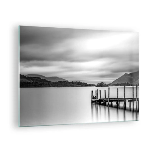 Impression sur verre - Image sur verre - Paysage noir et blanc avec un lac et une jetée en bois - 70x50cm - Douceur et force - Décoration murale moderne pour le salon et la chambre ARTTOR