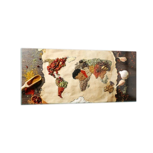 Impression sur verre - Image sur verre - Une carte du monde faite d'épices sur un fond en bois. - 120x50cm - Toutes les saveurs du monde - Décoration murale moderne pour le salon et la chambre ARTTOR