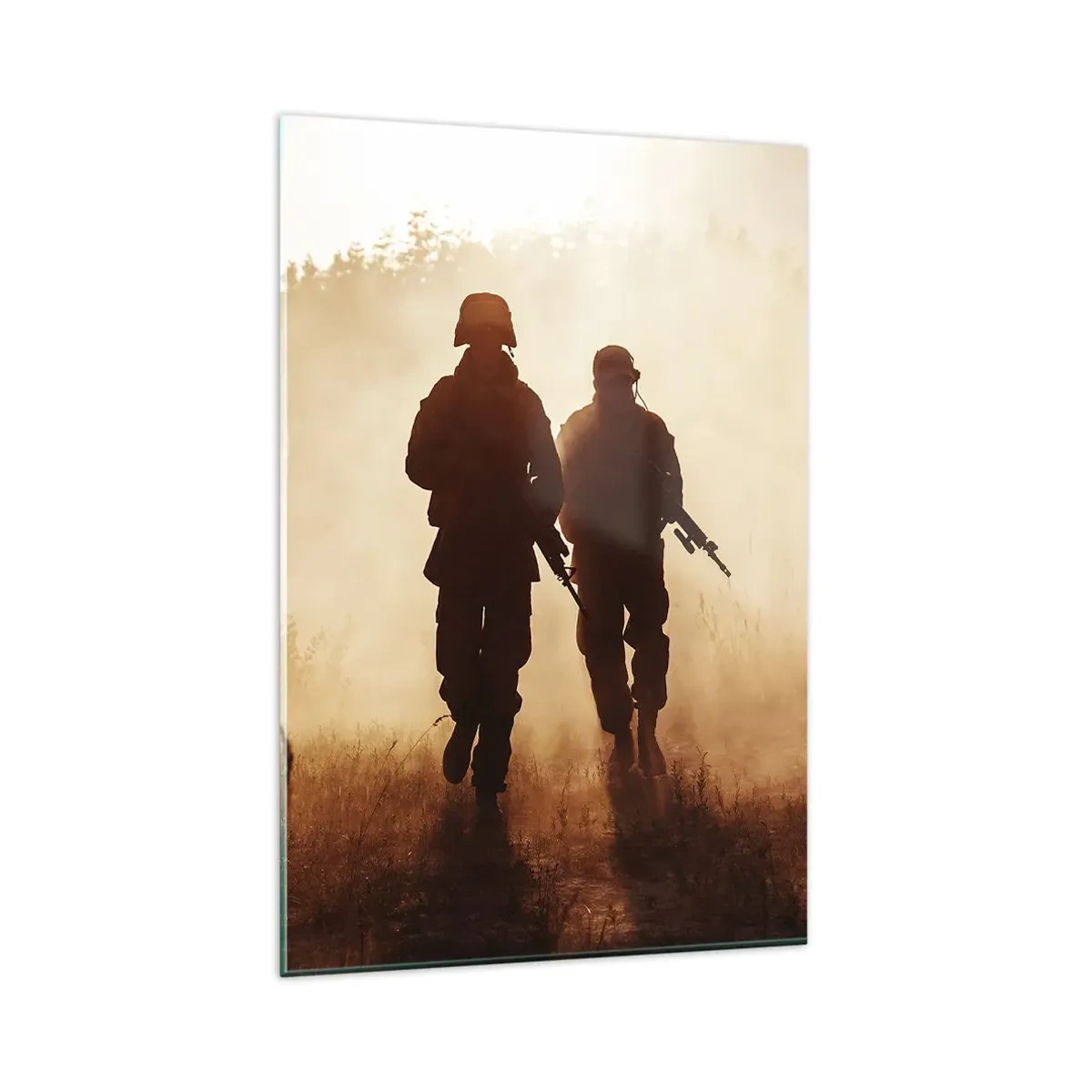 Impression sur verre - Image sur verre - Des soldats marchant dans le brouillard matinal sur fond de nature - 80x120cm - Call of Duty - Décoration murale moderne pour le salon et la chambre ARTTOR