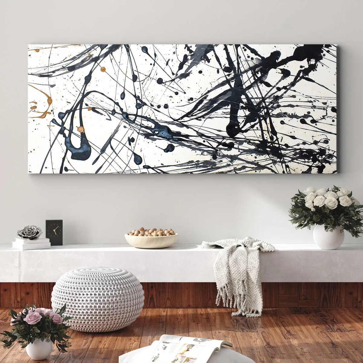 Impression sur toile - Image sur toile - Une peinture abstraite avec des éclaboussures de peinture dans des motifs dynamiques. - 160x50cm - Abstraction expressionniste - Décoration murale moderne pour le salon et la chambre ARTTOR