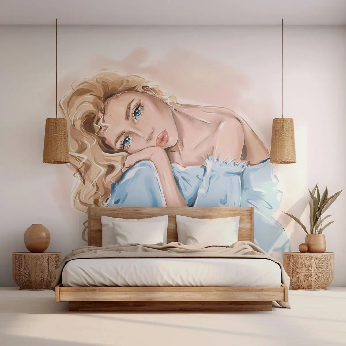 Papier Peint Autocollant Deluxe Sticker - Rêveuse en bleu - Femme, Mode, Graphique - 250x175 cm