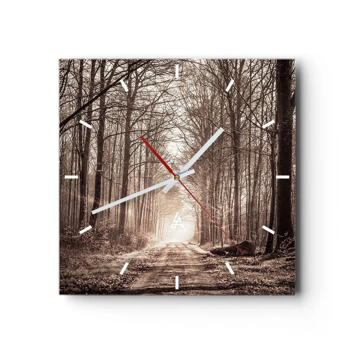 Horloge murale - Pendule murale - Un chemin forestier parmi des arbres aux tons sépia - 30x30cm - Cathédrale de la forêt - Décoration murale moderne pour le salon et la chambre ARTTOR