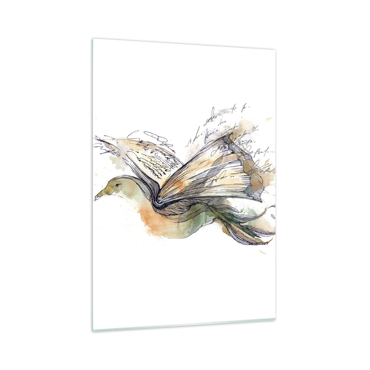 Impression sur verre - Image sur verre - Un oiseau d'un livre déroulé, une métaphore artistique de la connaissance - 50x70cm - Sur les ailes de la poésie - Décoration murale moderne pour le salon et la chambre ARTTOR