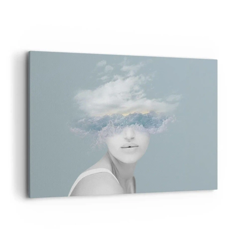 Impression sur toile - Image sur toile - Portrait d'une femme avec son visage caché derrière les nuages et les vagues - 120x80cm - La tête dans les nuages - Décoration murale moderne pour le salon et la chambre ARTTOR