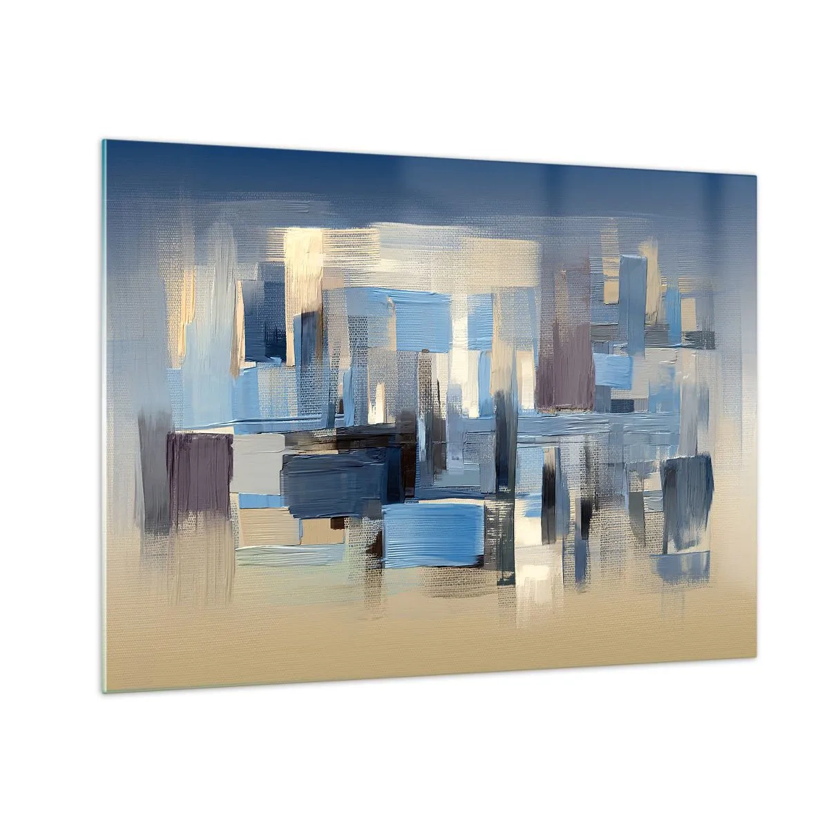 Impression sur verre - Image sur verre - Coups de pinceau géométriques dans les tons de bleu et de beige - 70x50cm - Construction bleue - Décoration murale moderne pour le salon et la chambre ARTTOR
