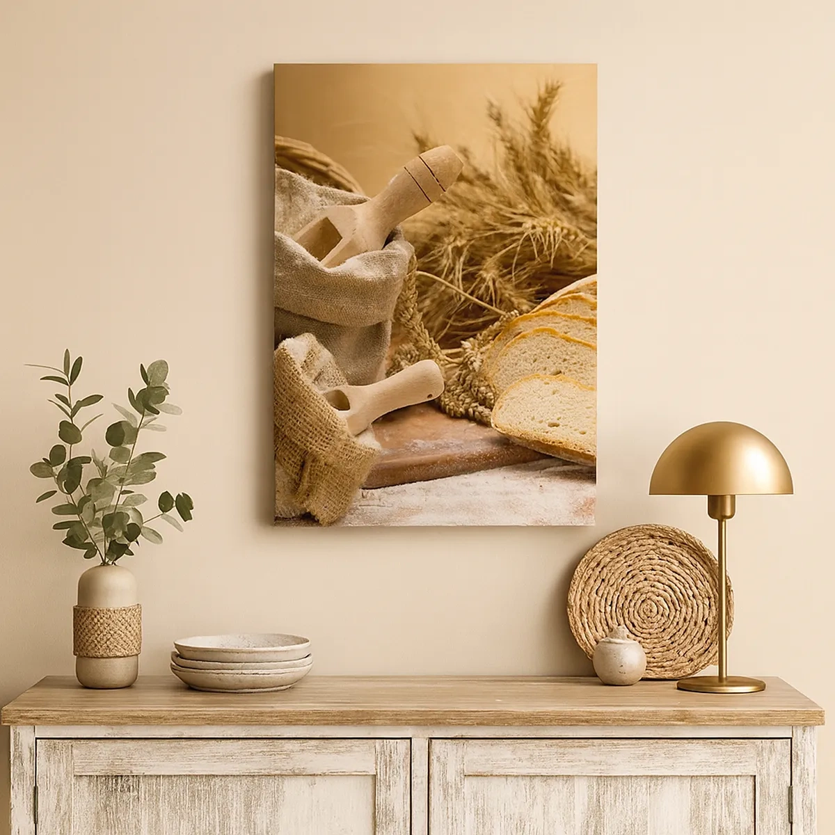 Impression sur toile - Image sur toile - Un paysage avec du pain, de la farine et des épis de blé dans un style rustique. - 50x70cm - Comment il coupe avec un couteau - Décoration murale moderne pour le salon et la chambre ARTTOR