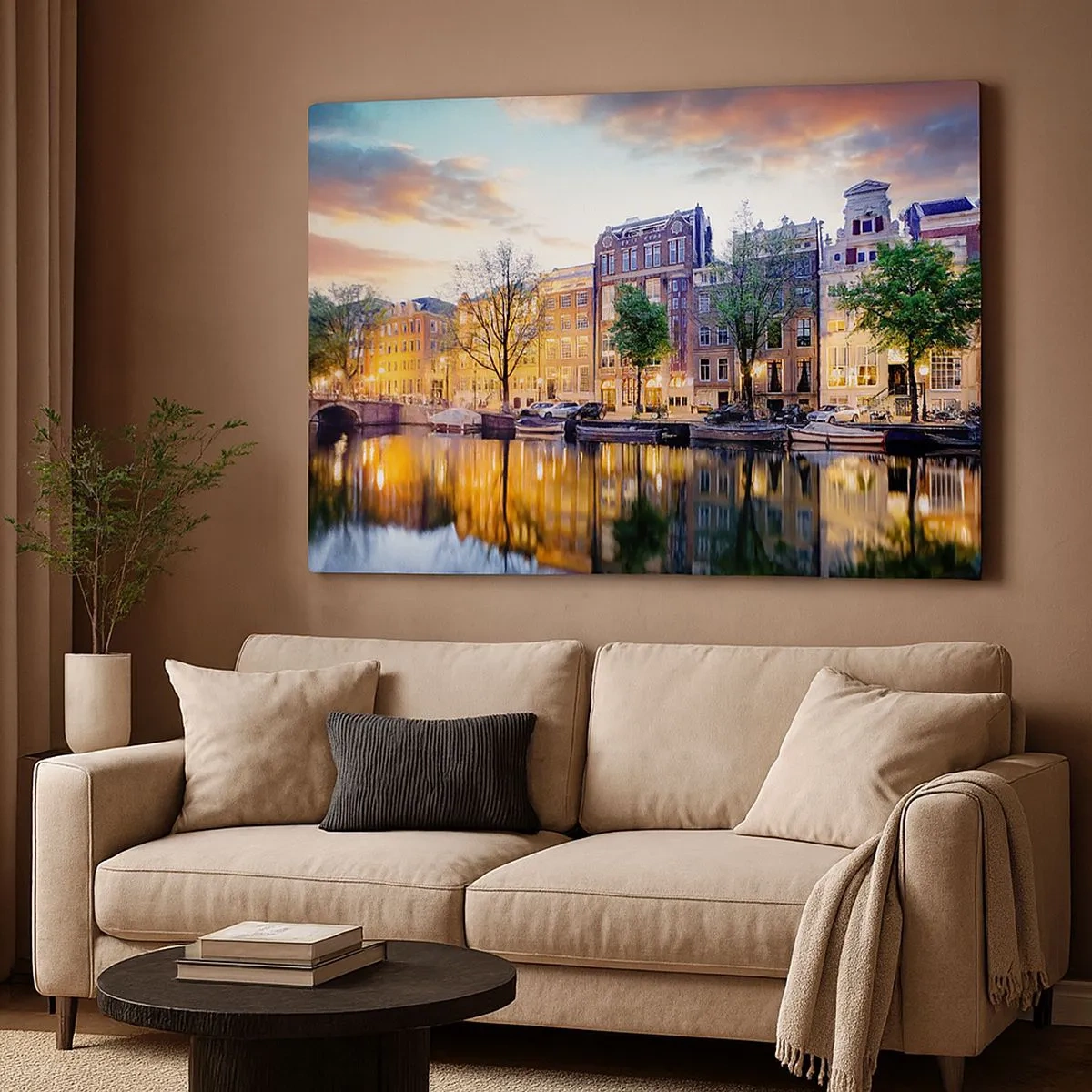 Impression sur toile - Image sur toile - Canal avec reflet des immeubles d'habitation dans la lumière du soir - 70x50cm - Beauté hollandaise sobre et sereine - Décoration murale moderne pour le salon et la chambre ARTTOR