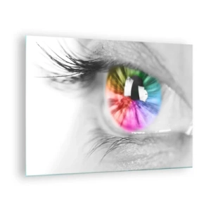 Impression sur verre - Image sur verre - Iris coloré sur fond noir et blanc - 70x50cm - Regarde le monde en couleur - Décoration murale moderne pour le salon et la chambre ARTTOR