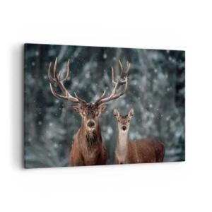 Impression sur toile - Image sur toile - Cerf dans une forêt d'hiver enneigée - 120x80cm - Le roi de la forêt avec sa femme - Décoration murale moderne pour le salon et la chambre ARTTOR