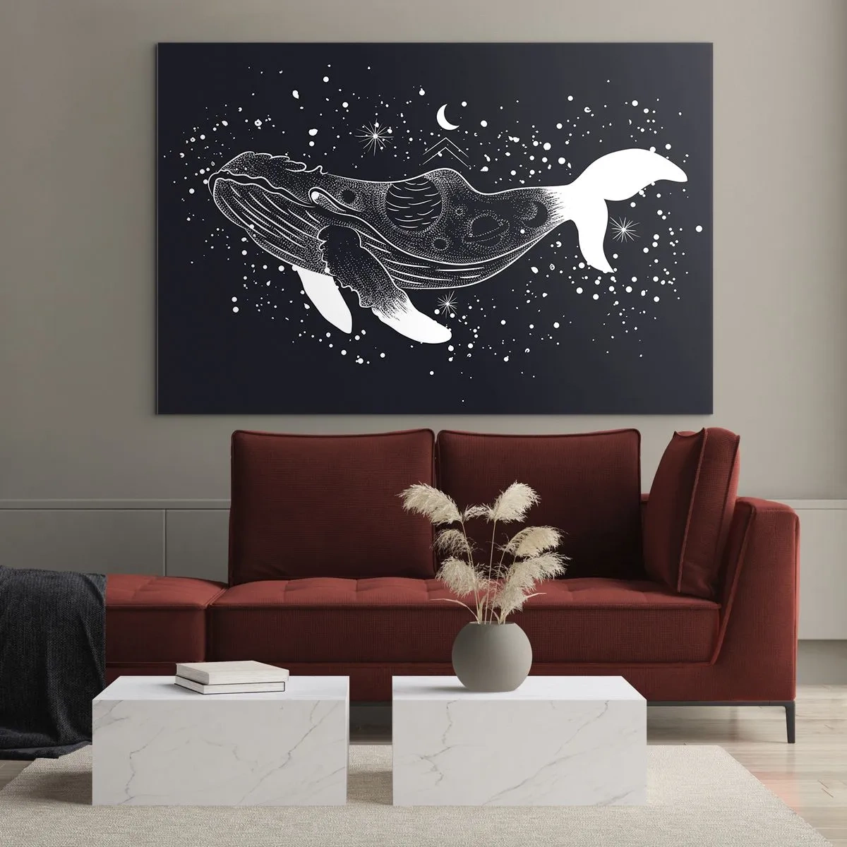 Impression sur verre - Image sur verre - Silhouette blanche graphique d'une baleine flottant dans l'espace - 70x50cm - Dans l'océan de l'univers - Décoration murale moderne pour le salon et la chambre ARTTOR