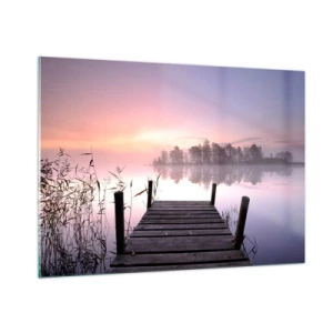 Impression sur verre - Image sur verre - Une jetée au lever du soleil sur un lac calme - 100x70cm - De la brume lilas… - Décoration murale moderne pour le salon et la chambre ARTTOR