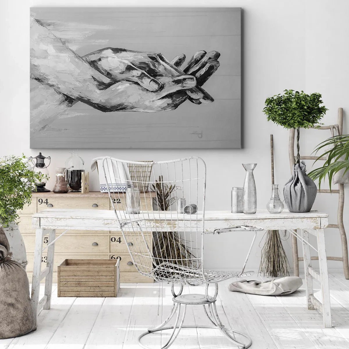 Impression sur toile - Image sur toile - Une composition en noir et blanc de deux mains jointes sur un fond clair. - 70x50cm - Début... - Décoration murale moderne pour le salon et la chambre ARTTOR