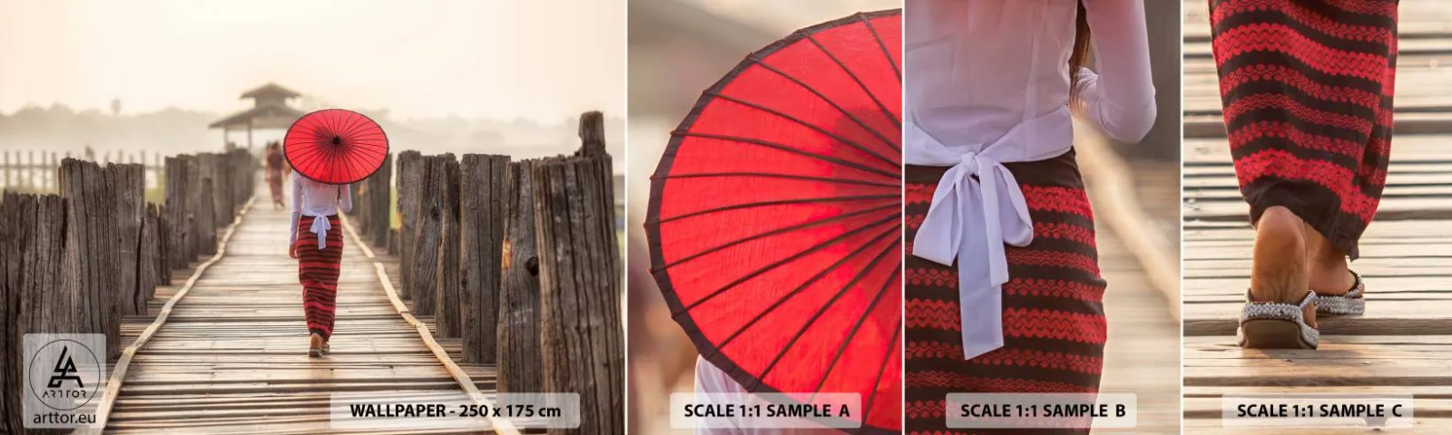 Échantillon de Papier Peint Autocollant Deluxe Sticker - Sur le vieux pont - Parapluie, Birmanie, Pont de bois - 100x30 cm