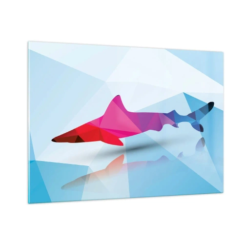 Impression sur verre - Image sur verre - Requin géométrique dans les tons de rouge et de bleu - 100x70cm - Un requin dans un espace de cristal - Décoration murale moderne pour le salon et la chambre ARTTOR