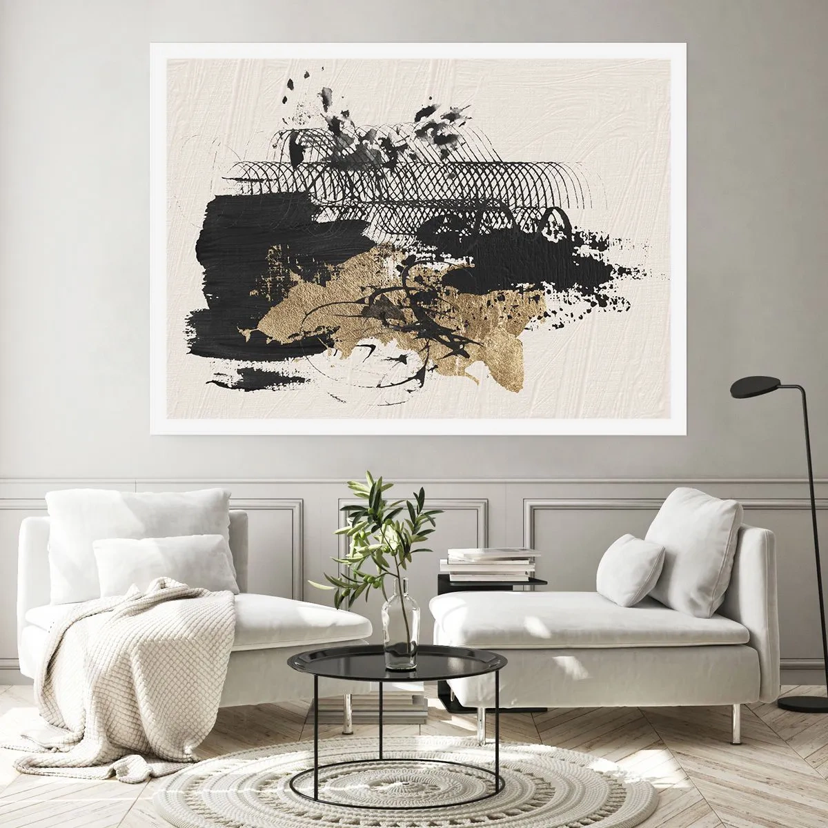 Affiche - Poster - Une peinture abstraite en noir et or avec des lignes et des structures dynamiques. - 100x70cm - Composer avec passion - Décoration murale moderne pour le salon et la chambre ARTTOR