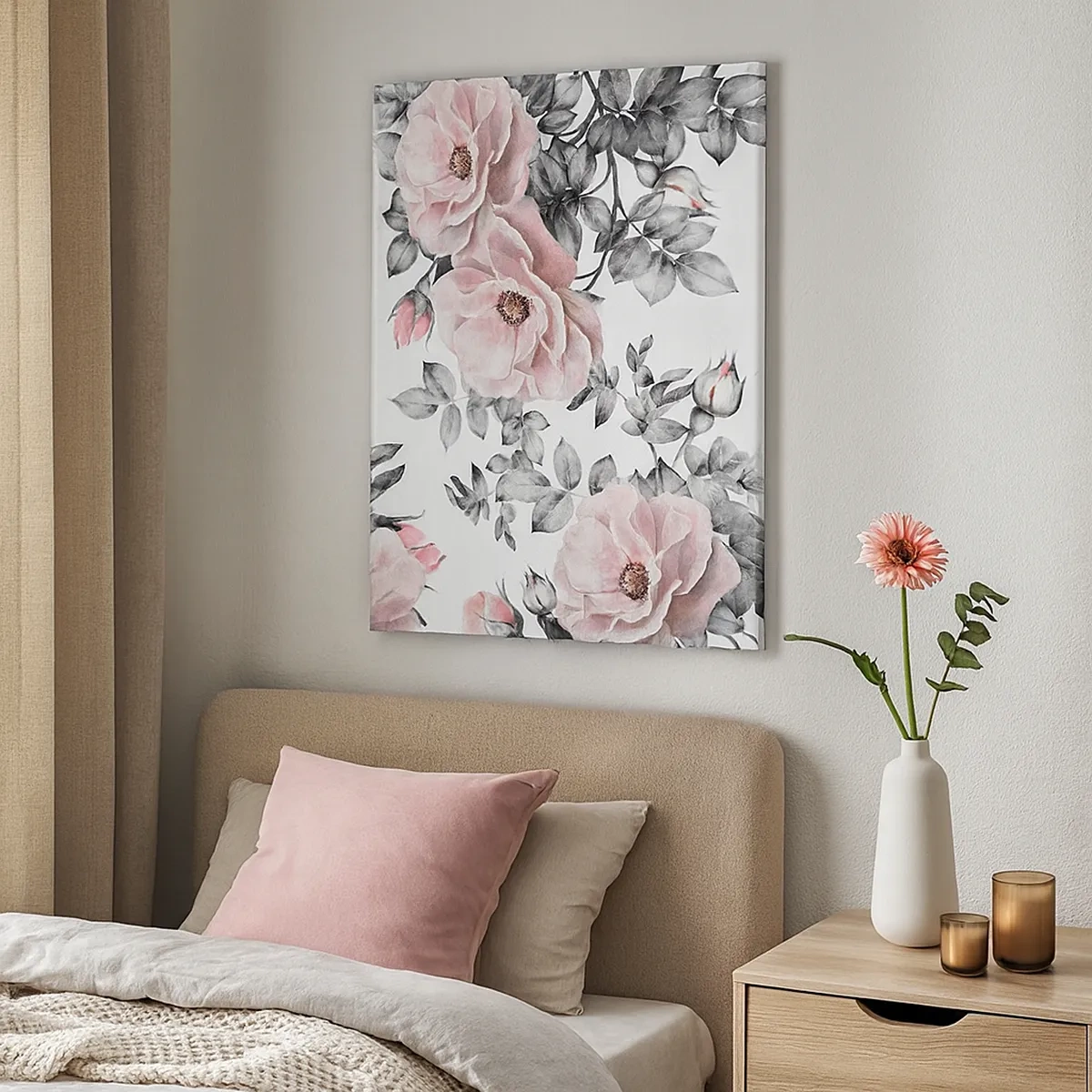 Impression sur toile - Image sur toile - Roses roses et feuilles sur un délicat fond noir et blanc - 50x70cm - Se perdre dans les fleurs des roses - Décoration murale moderne pour le salon et la chambre ARTTOR