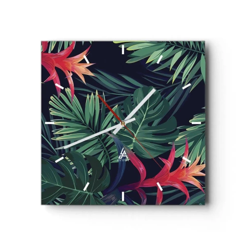 Horloge murale - Pendule murale - Feuilles et fleurs tropicales sur fond sombre - 30x30cm - immergé dans la nature - Décoration murale moderne pour le salon et la chambre ARTTOR
