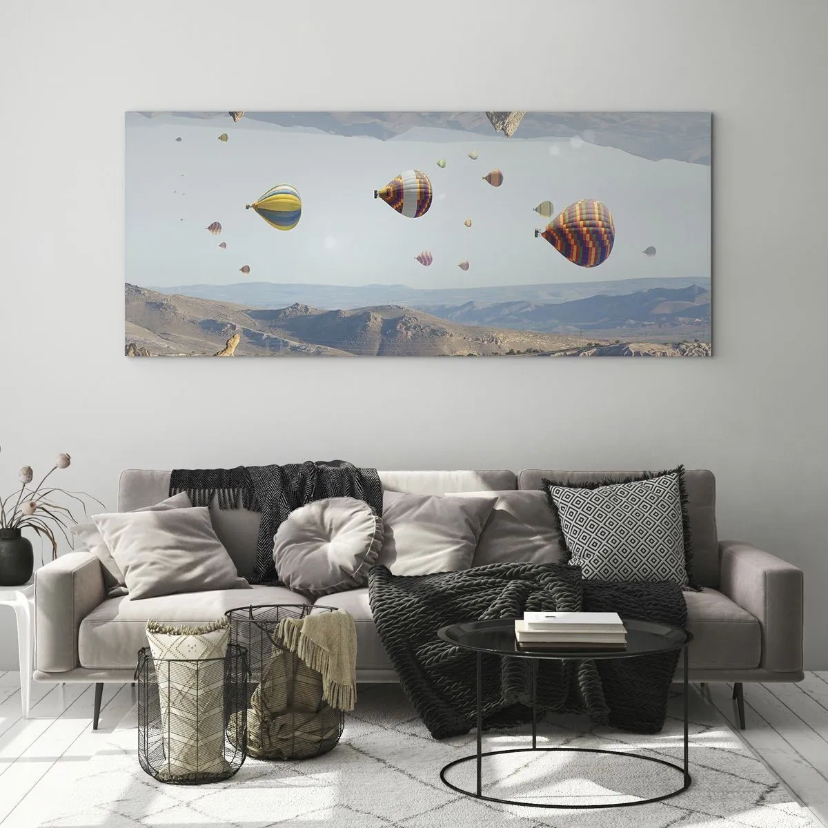 Impression sur verre - Image sur verre - Ballons colorés au-dessus d'un paysage rocheux - 120x50cm - Ici, tout est possible - Décoration murale moderne pour le salon et la chambre ARTTOR
