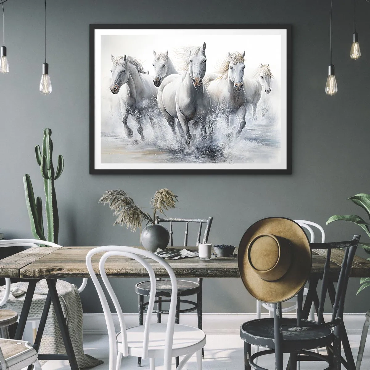 Affiche dans un cadre noir - Poster - Des chevaux blancs galopent dans l'eau - 100x70cm - Magie blanche - Décoration murale moderne pour le salon et la chambre ARTTOR