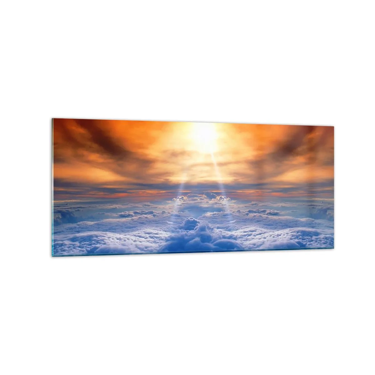 Impression sur verre - Image sur verre - Coucher de soleil au dessus des nuages, le ciel plein de couleurs dorées et de lumière. - 120x50cm - Paysage mystique - Décoration murale moderne pour le salon et la chambre ARTTOR