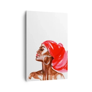 Impression sur toile - Image sur toile - Profil d'une femme avec un turban rouge et des boucles d'oreilles - 80x120cm - "Les cheveux dans le vent" - Décoration murale moderne pour le salon et la chambre ARTTOR