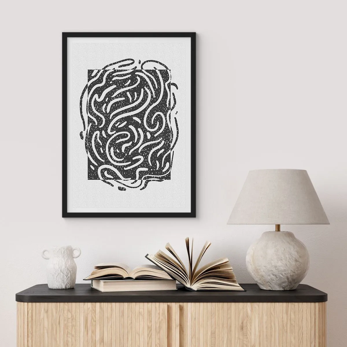 Affiche dans un cadre noir - Poster - Composition abstraite avec des lignes et des formes dynamiques en noir et blanc. - 50x70cm - Abstraction : la danse de la joie - Décoration murale moderne pour le salon et la chambre ARTTOR