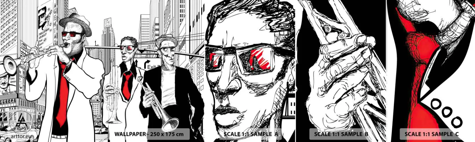 Échantillon de Papier Peint Autocollant Deluxe Sticker - Rhapsodie urbaine en noir et rouge - New York, le jazz, Musique - 100x30 cm