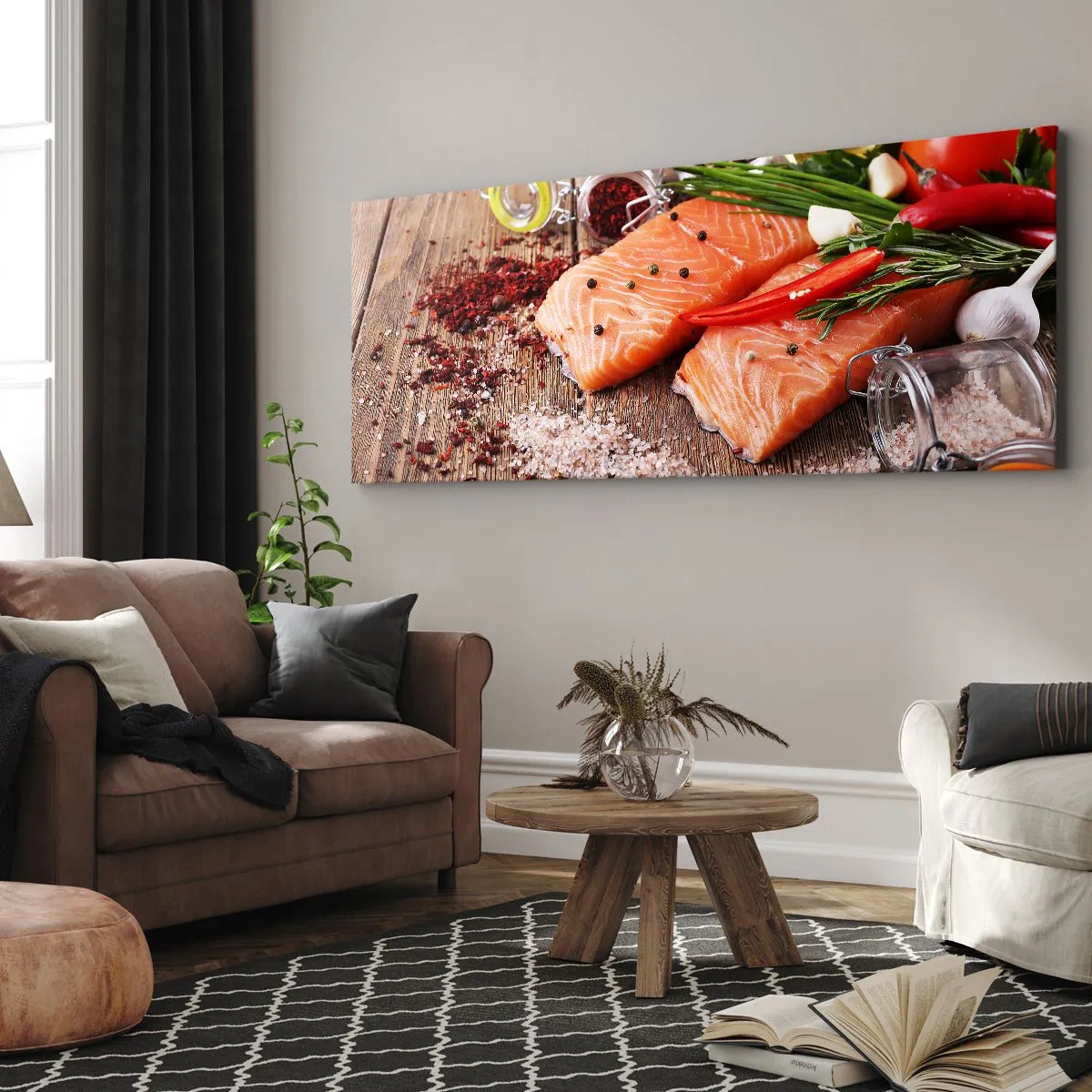 Impression sur toile - Image sur toile - Filets de saumon aux épices sur fond de bois - 160x50cm - Aventure norvégienne dans la cuisine - Décoration murale moderne pour le salon et la chambre ARTTOR