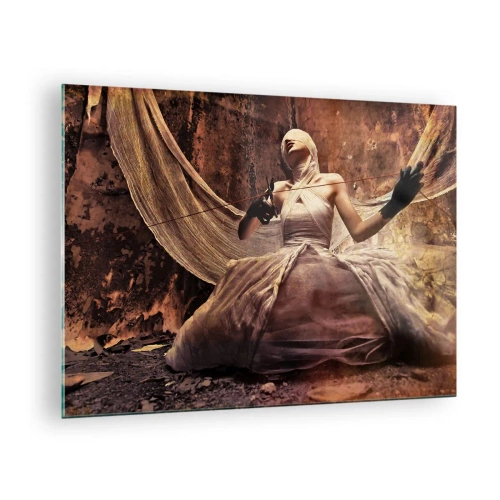 Impression sur verre - Image sur verre - Une figure de femme dans un décor artistique avec des tissus - 70x50cm - Déesse du destin - Décoration murale moderne pour le salon et la chambre ARTTOR