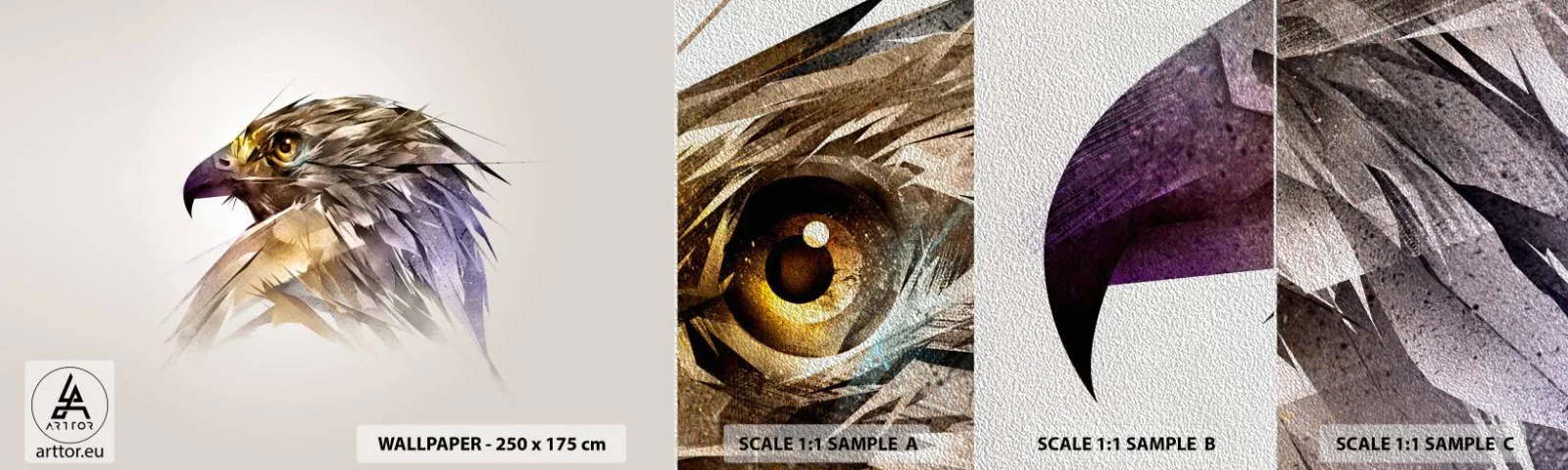 Échantillon de Papier Peint Premium Sand - Portrait d'un guerrier - Abstraction, Aigle, Oiseau - 100x30 cm