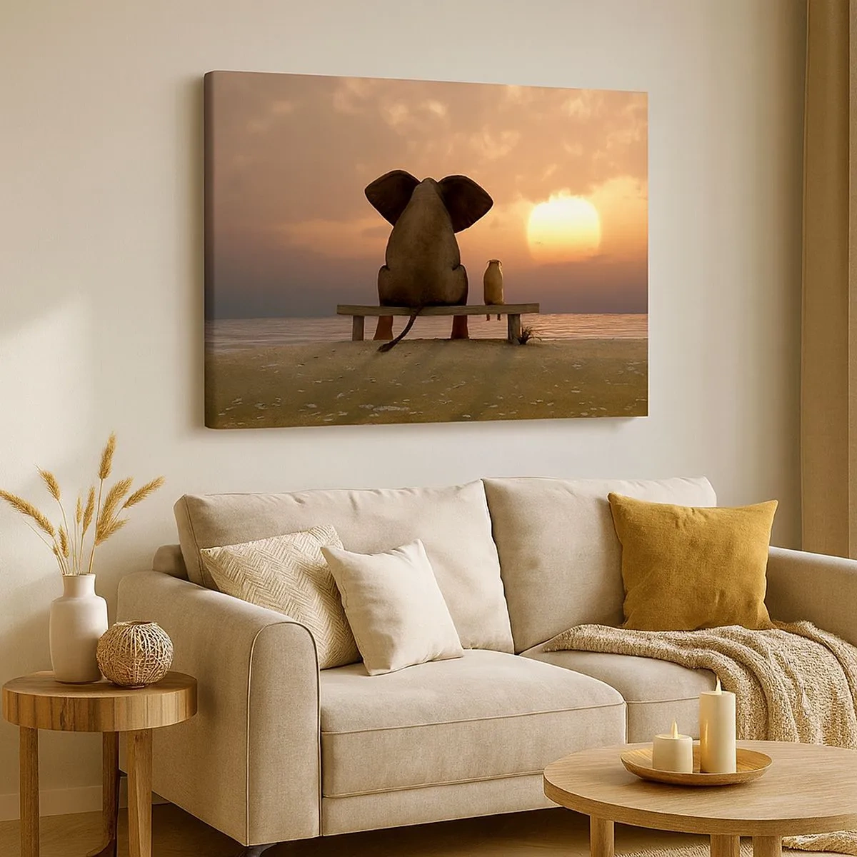 Impression sur toile - Image sur toile - Un éléphant et un chien sont assis sur un banc sur la plage au coucher du soleil. - 70x50cm - C'est bon de garder le silence ensemble - Décoration murale moderne pour le salon et la chambre ARTTOR