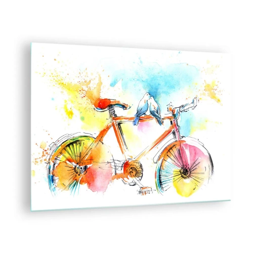 Impression sur verre - Image sur verre - Un vélo coloré avec des oiseaux assis sur le guidon - 70x50cm - À deux en vélo - Décoration murale moderne pour le salon et la chambre ARTTOR