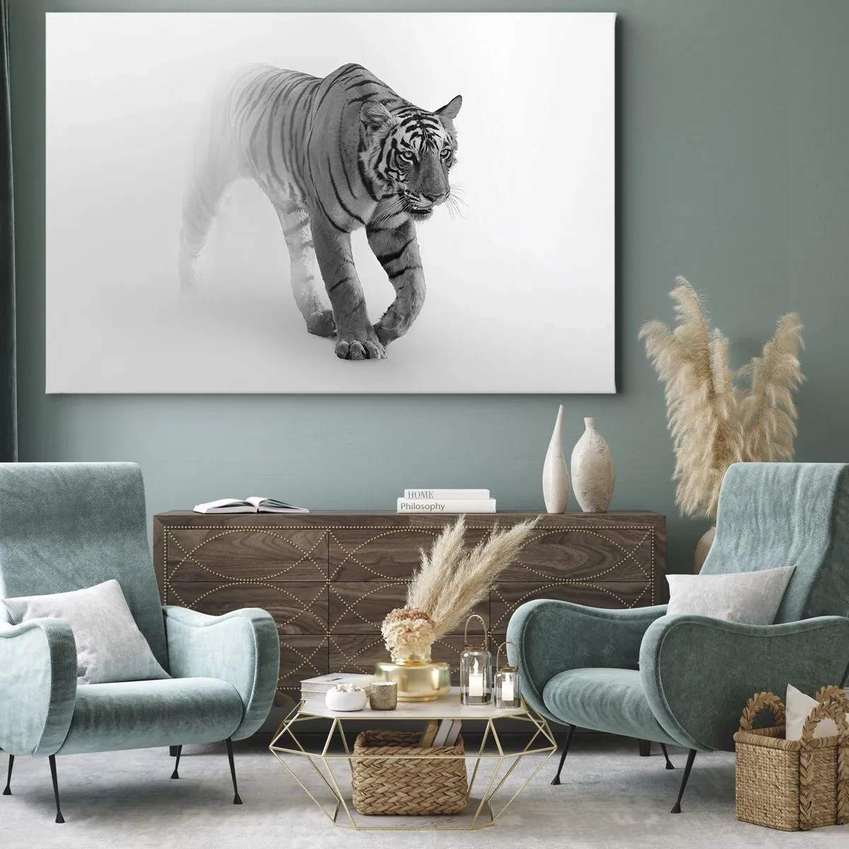 Impression sur toile - Image sur toile - Un tigre émergeant du brouillard - 70x50cm - Accroupi dans le brouillard - Décoration murale moderne pour le salon et la chambre ARTTOR