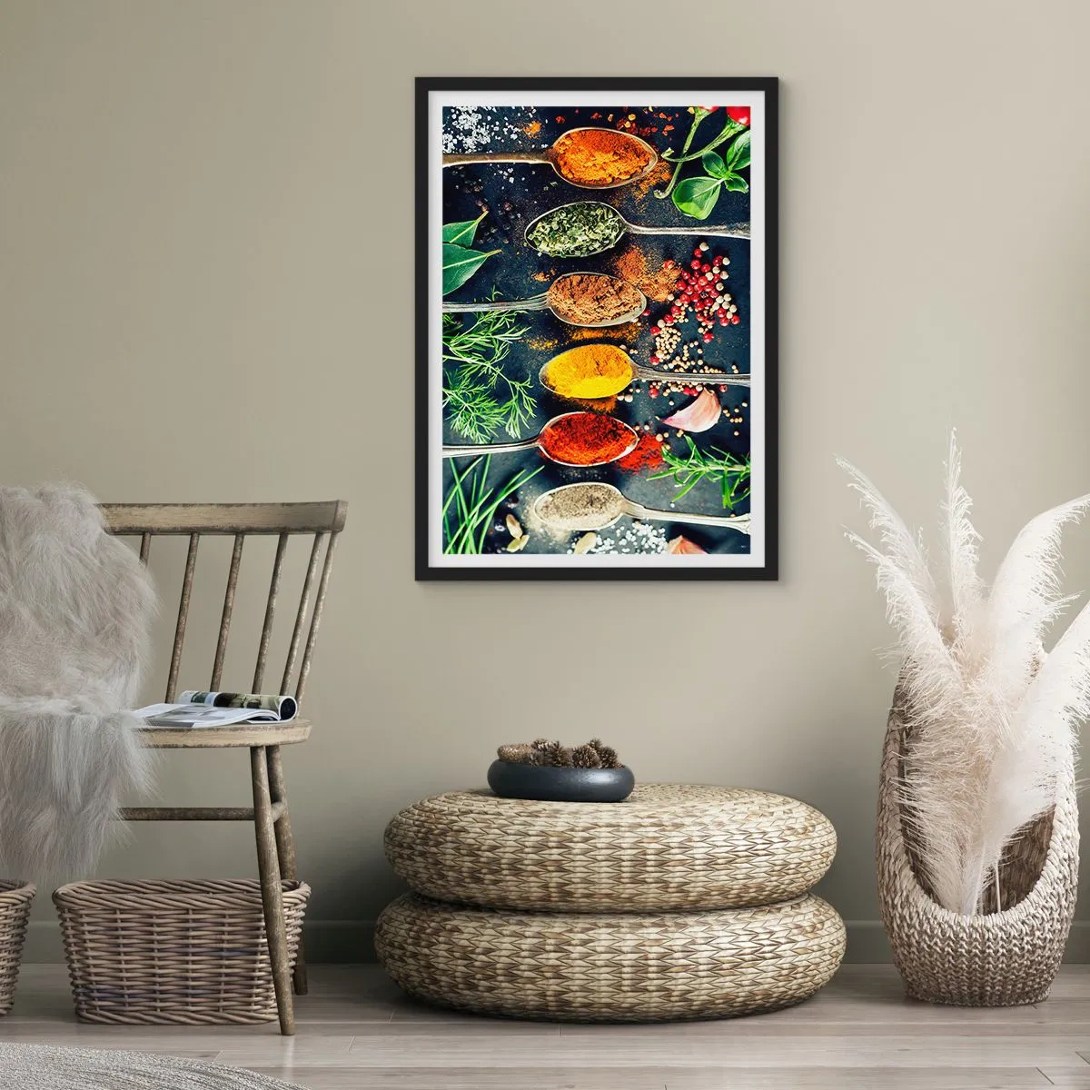 Affiche dans un cadre noir - Poster - Épices et herbes colorées sur des cuillères en métal - 50x70cm - Magie culinaire - Décoration murale moderne pour le salon et la chambre ARTTOR